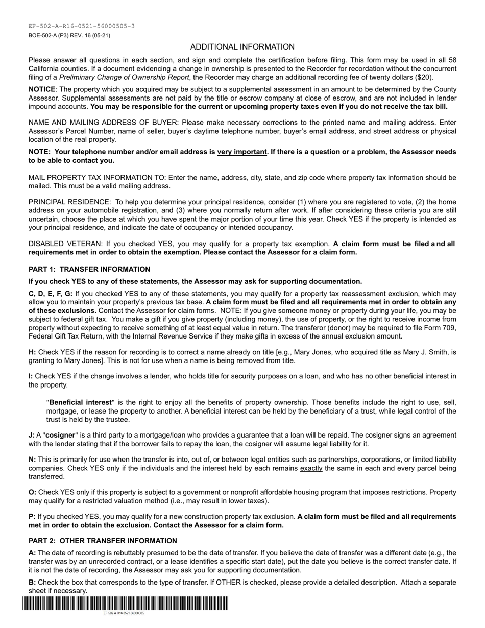 Form BOE-502-A Preliminary Change of Ownership Report - County of Ventura, California, Page 3