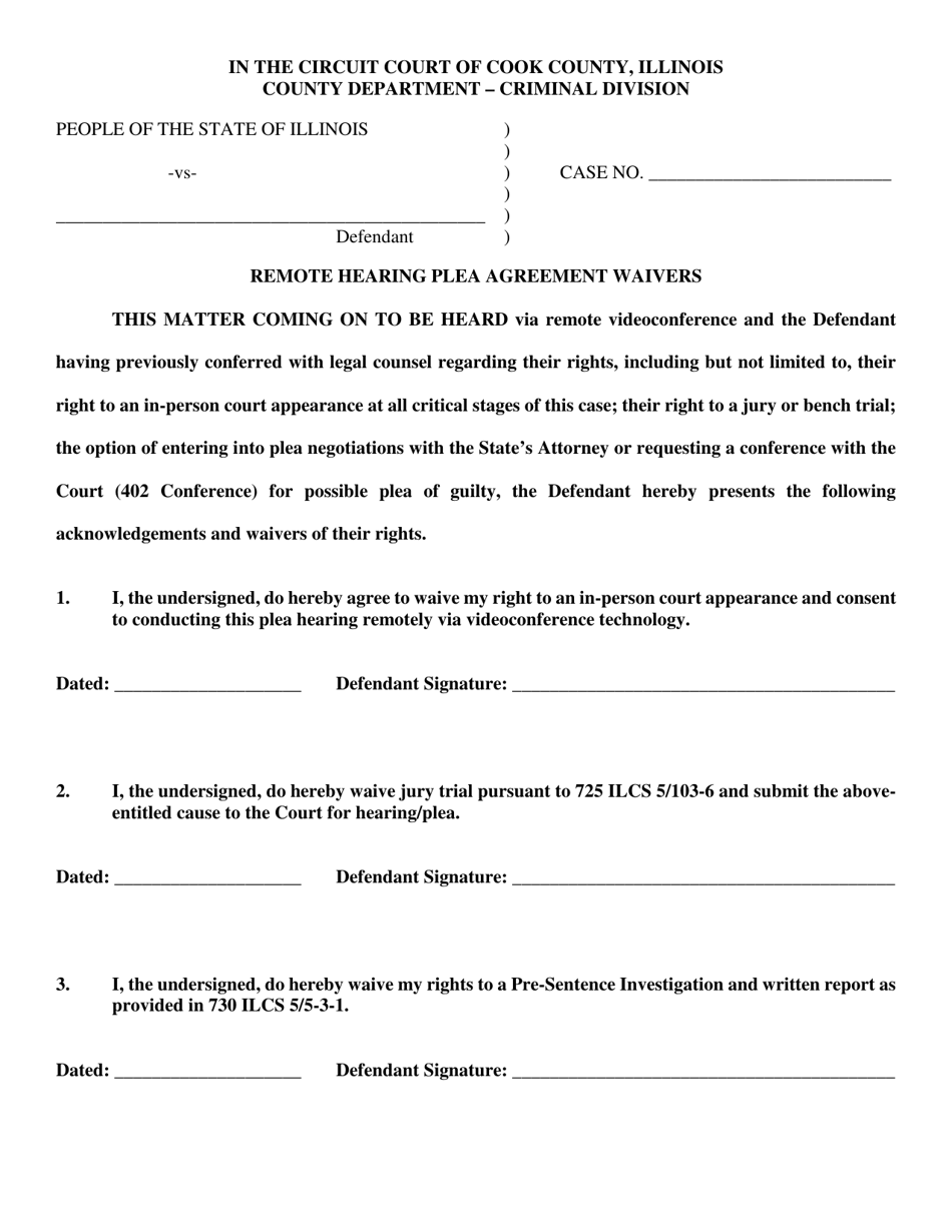 Remote Hearing Plea Agreement Waivers - Cook County, Illinois, Page 1