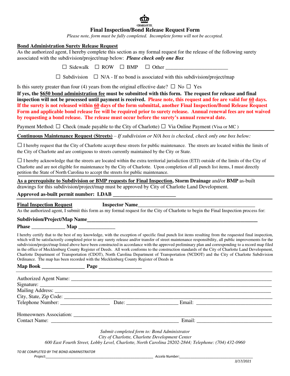 Final Inspection / Bond Release Request Form - City of Charlotte, North Carolina, Page 1