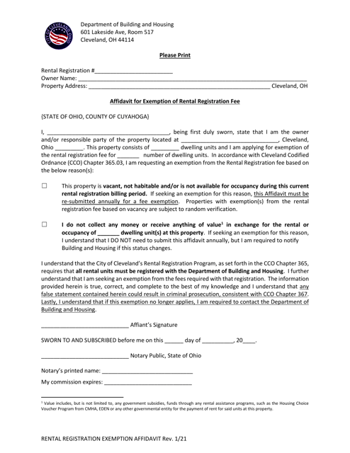 Affidavit for Exemption of Rental Registration Fee - City of Cleveland, Ohio