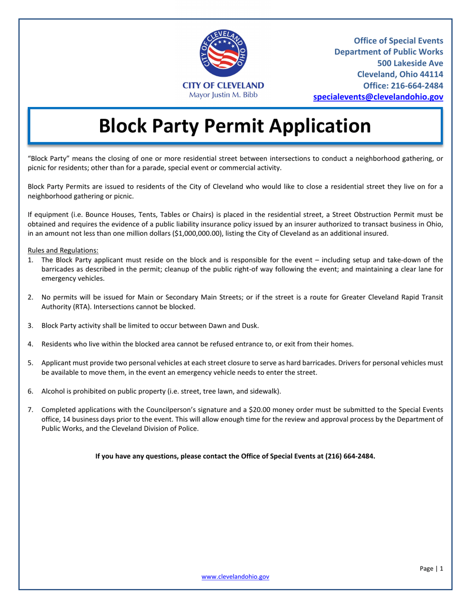 Block Party Permit Application - City of Cleveland, Ohio, Page 1