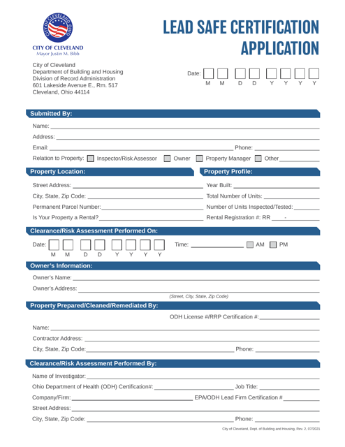 Lead Safe Certification Application - City of Cleveland, Ohio Download Pdf
