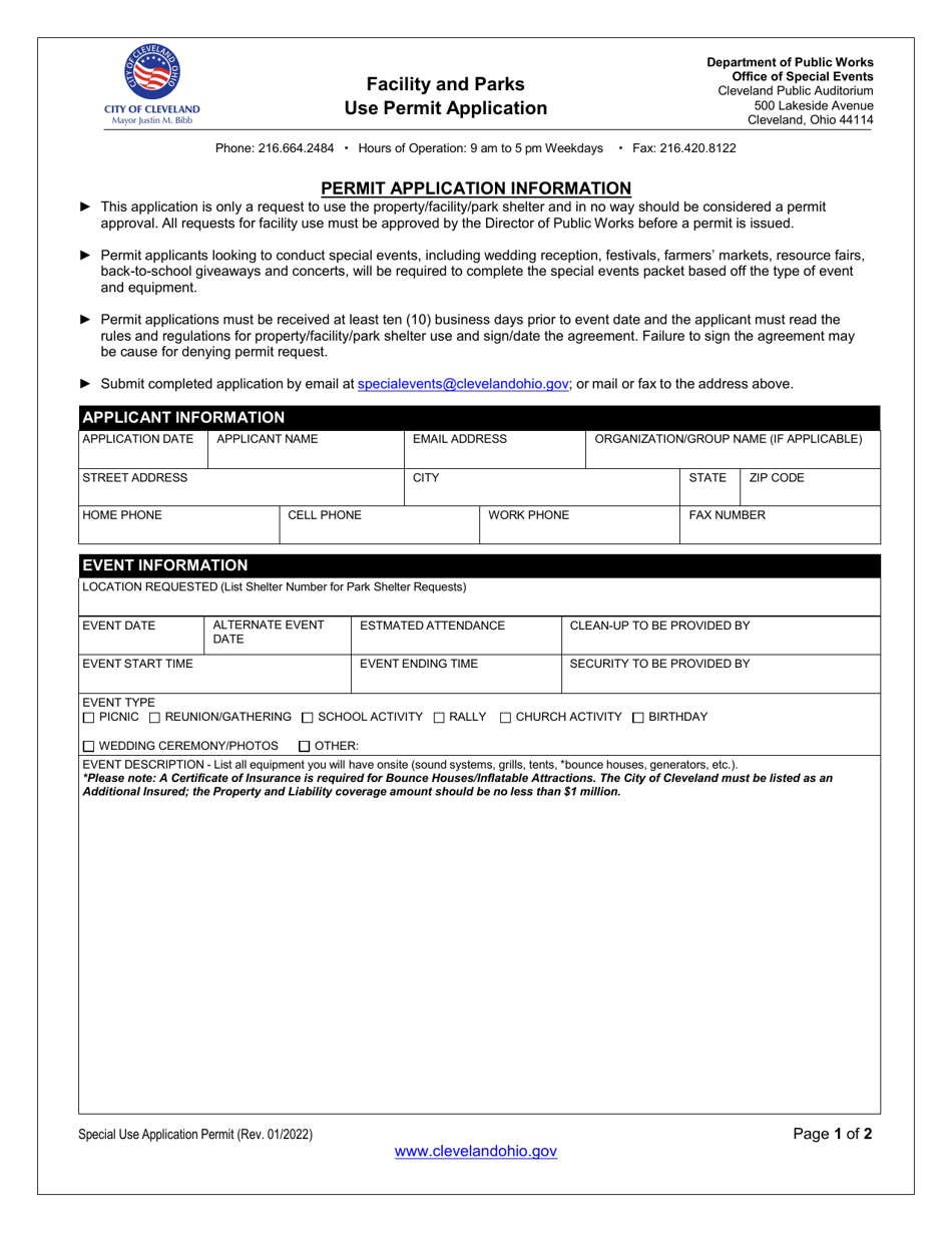 Facility and Parks Use Permit Application - City of Cleveland, Ohio, Page 1
