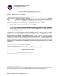 Document preview: Lead Safe Certification Exemption Affidavit - City of Cleveland, Ohio