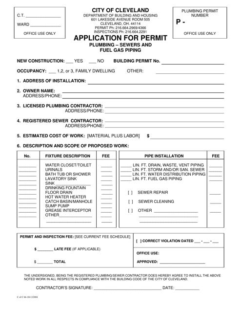 Application for Permit Plumbing - Sewers and Fuel Gas Piping - City of Cleveland, Ohio
