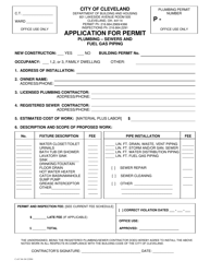 Application for Permit Plumbing - Sewers and Fuel Gas Piping - City of Cleveland, Ohio