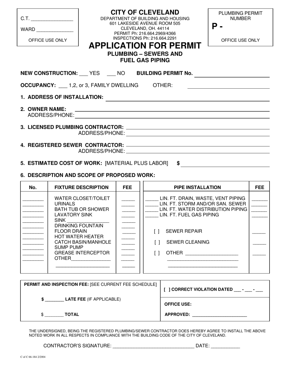 Application for Permit Plumbing - Sewers and Fuel Gas Piping - City of Cleveland, Ohio, Page 1
