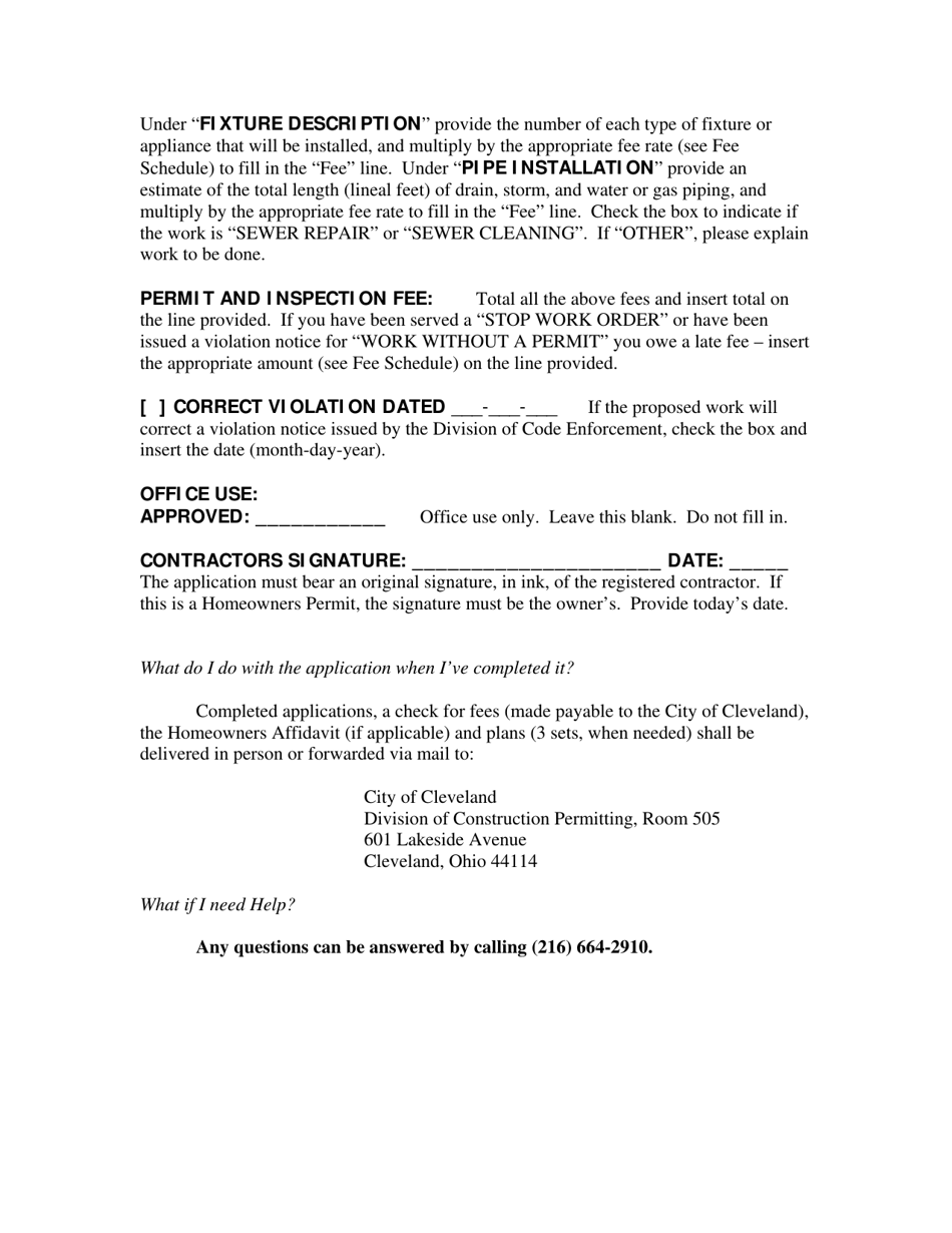 Application for Permit Plumbing - Sewers and Fuel Gas Piping - City of Cleveland, Ohio, Page 3
