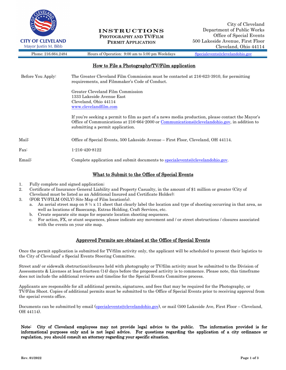 City of Cleveland, Ohio Photography and Tv/Film Permit Application