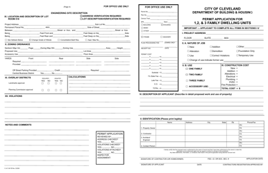 Document preview: Permit Application for 1, 2 & 3 Family Dwelling Units - City of Cleveland, Ohio