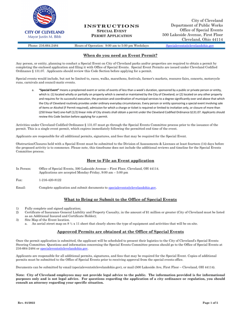 Special Event Permit Application - City of Cleveland, Ohio Download Pdf