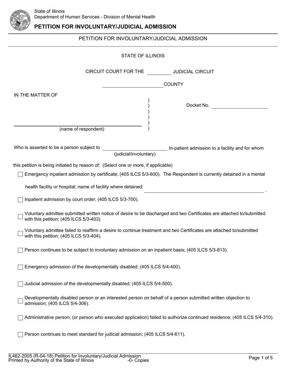 Form IL462-2005 Petition for Involuntary / Judicial Admission - Illinois, Page 1