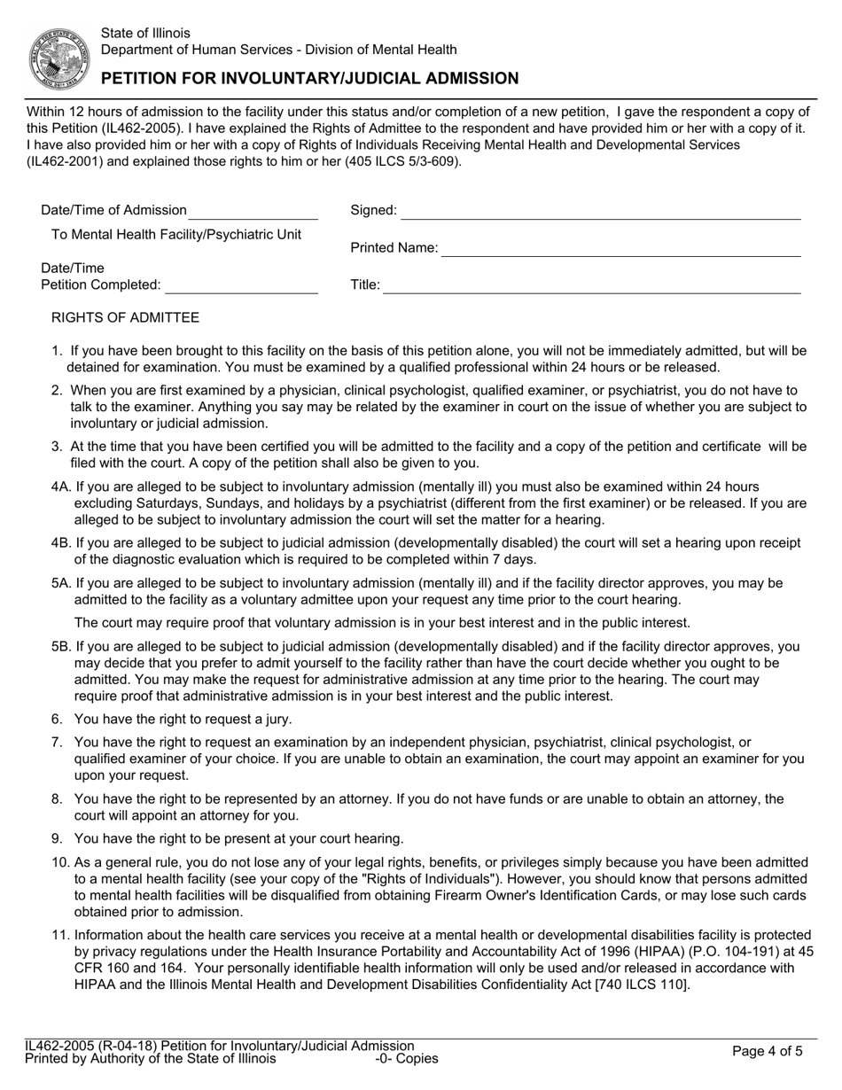 Form IL462-2005 Petition for Involuntary / Judicial Admission - Illinois, Page 4