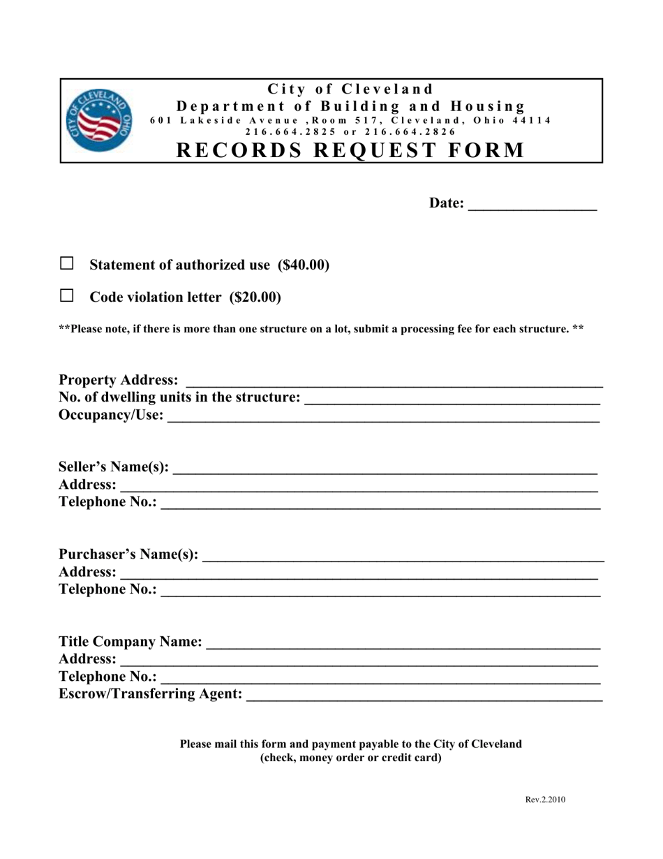 Records Request Form - City of Cleveland, Ohio, Page 1