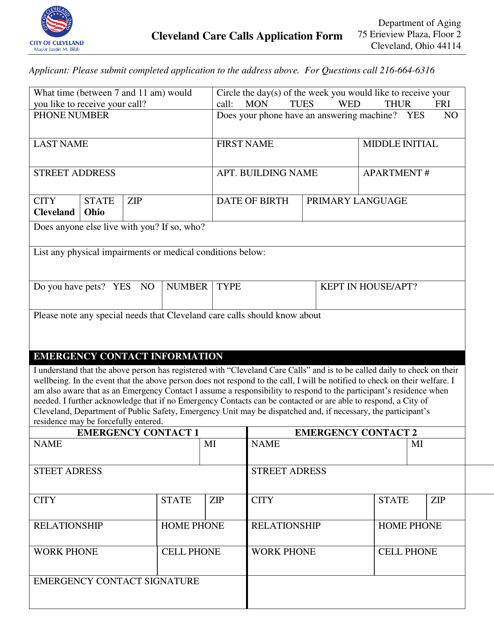 Cleveland Care Calls Application Form - City of Cleveland, Ohio Download Pdf