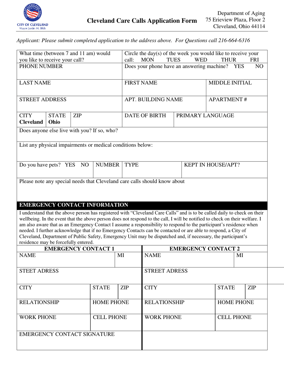 Cleveland Care Calls Application Form - City of Cleveland, Ohio, Page 1