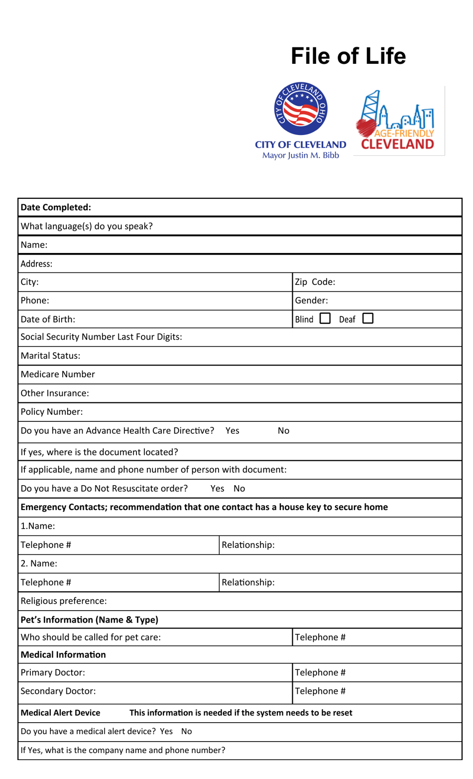 City of Cleveland, Ohio File of Life Form - Fill Out, Sign Online and ...