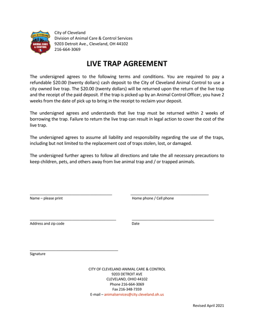 Live Trap Agreement - City of Cleveland, Ohio Download Pdf