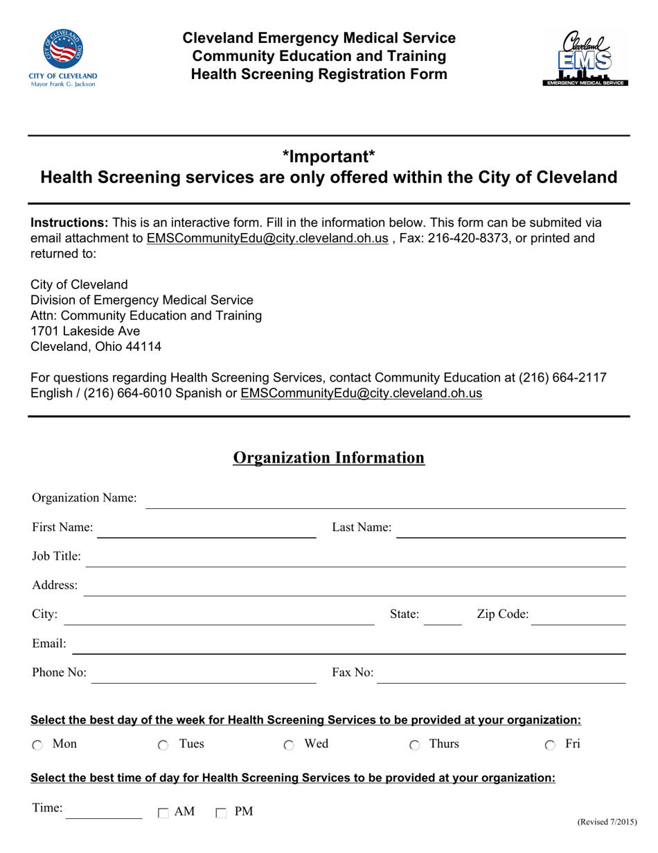 Health Screening Registration Form - City of Cleveland, Ohio, Page 1