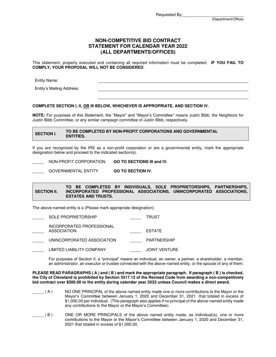 Non-competitive Bid Contract Statement - City of Cleveland, Ohio, Page 1