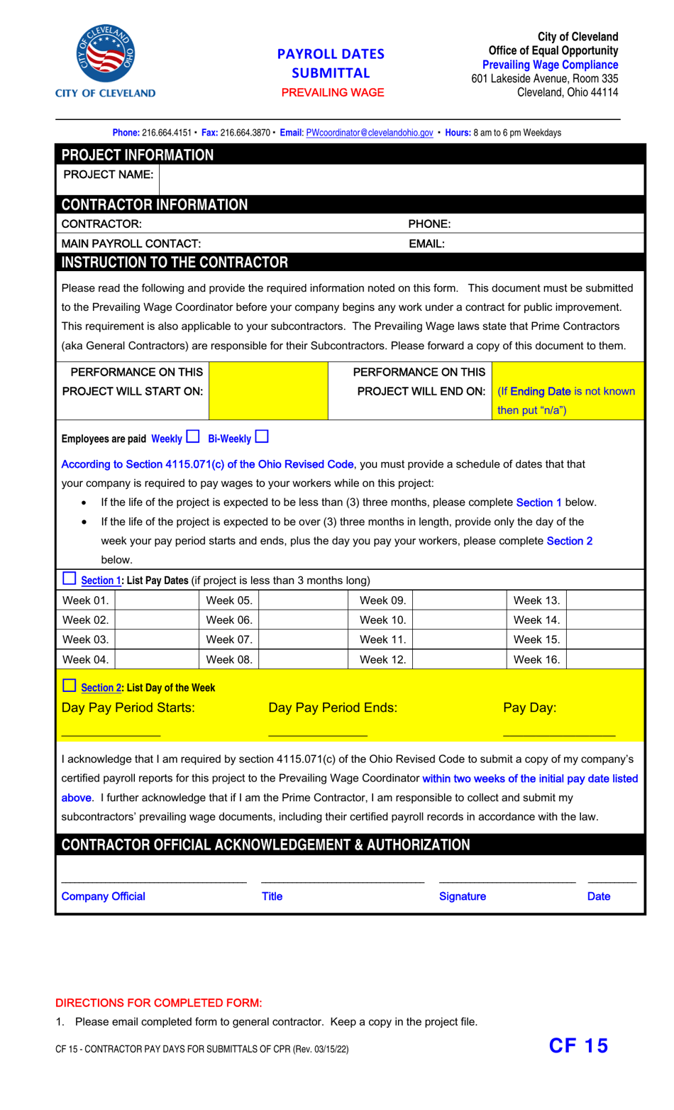 Form CF15 Contractor Pay Days for Submittals of Cpr - City of Cleveland, Ohio, Page 1