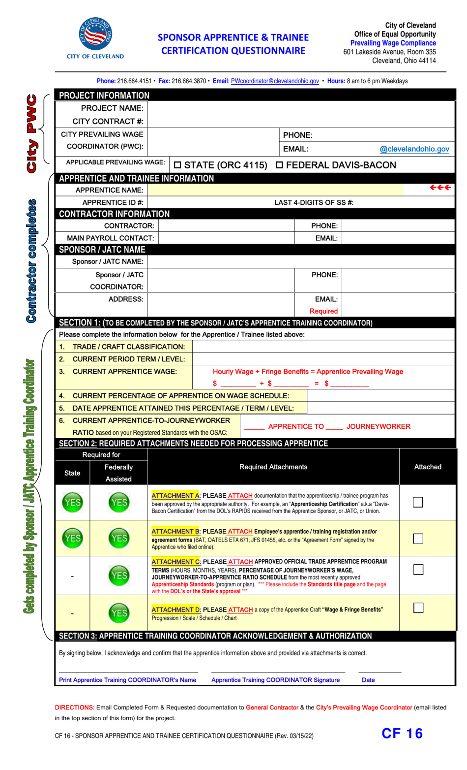 Form CF16 Sponsor Apprentice  Trainee Certification Questionnaire - City of Cleveland, Ohio, Page 1
