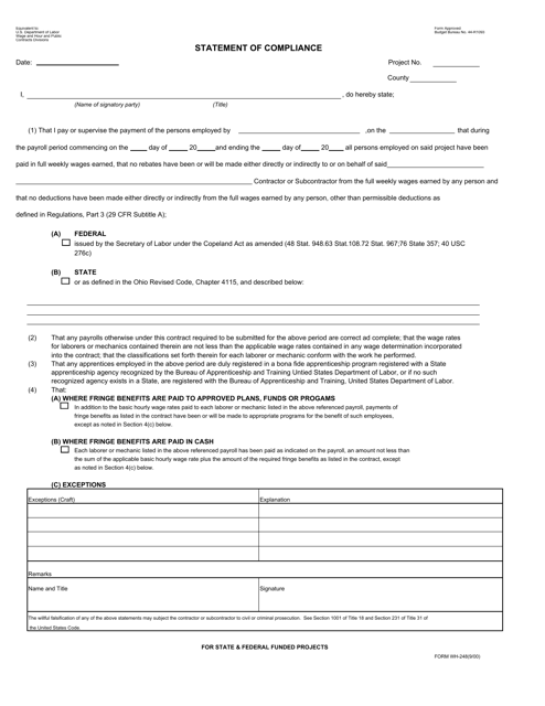 Form WH-248 Statement of Fringe Benefits Compliance - City of Cleveland, Ohio