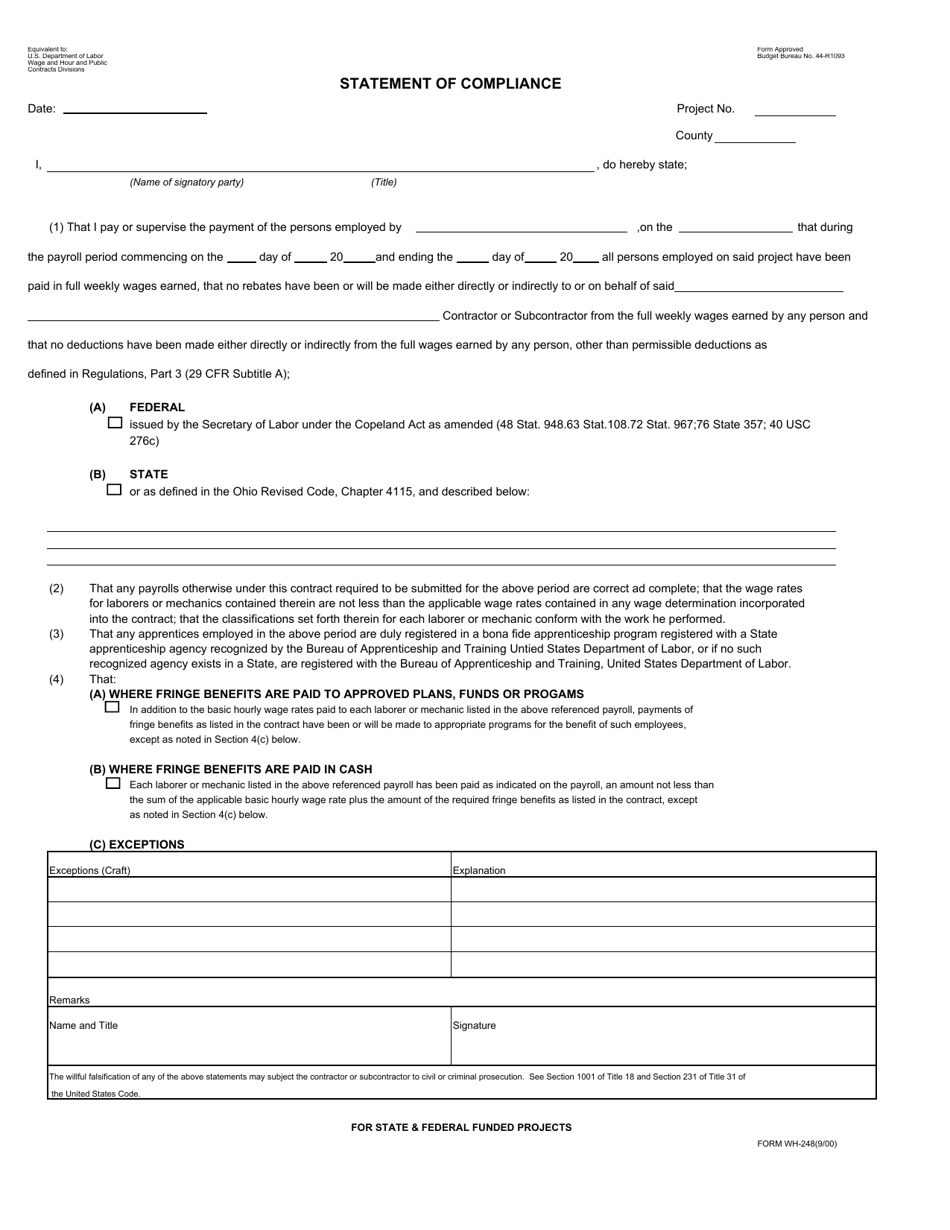 Form WH-248 Statement of Fringe Benefits Compliance - City of Cleveland, Ohio, Page 1
