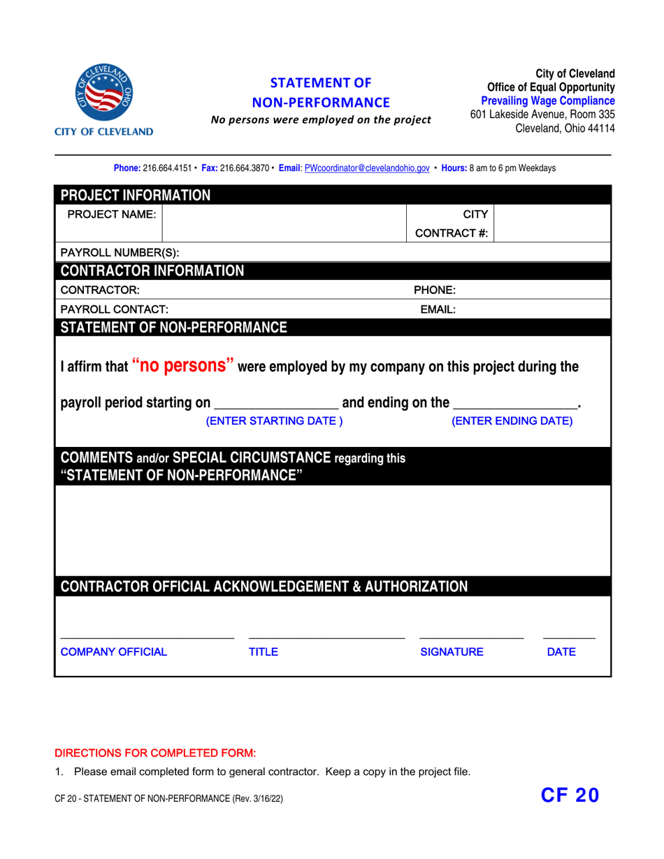 Form CF20 Statement of Non-performance - City of Cleveland, Ohio, Page 1