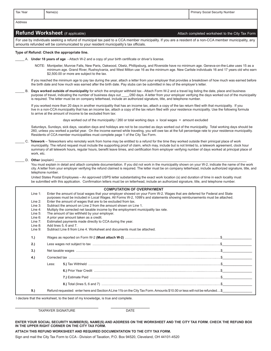City of Cleveland, Ohio Refund Worksheet Fill Out, Sign Online and