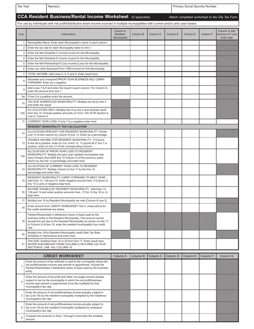 Cca Resident Business / Rental Income Worksheet - City of Cleveland, Ohio Download Pdf