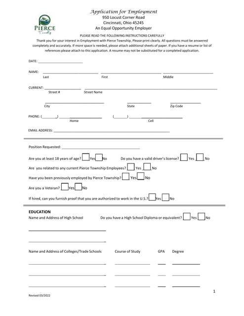 Application for Employment - Pierce Township, Ohio Download Pdf