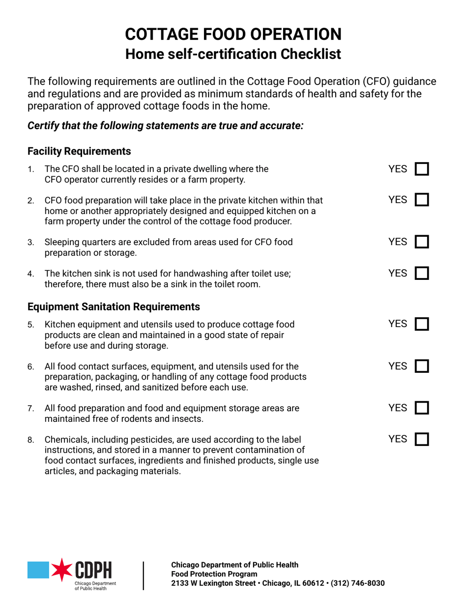 Cottage Food Operation Home Self-certification Checklist - City of Chicago, Illinois, Page 1