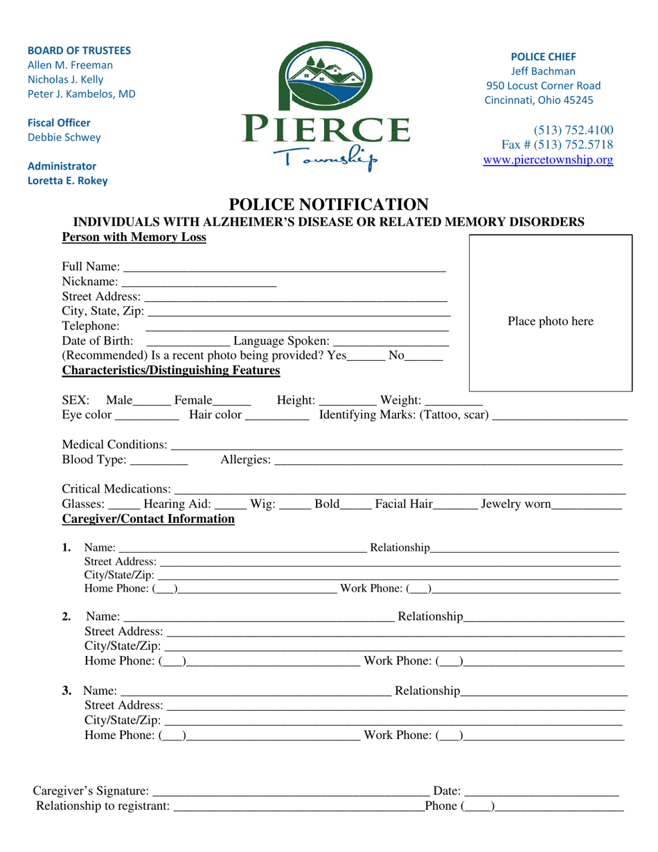 Police Notification - Individuals With Alzheimers Disease or Related Memory Disorders - Pierce Township, Ohio, Page 1