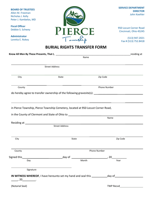 Burial Rights Transfer Form - Pierce Township, Ohio Download Pdf