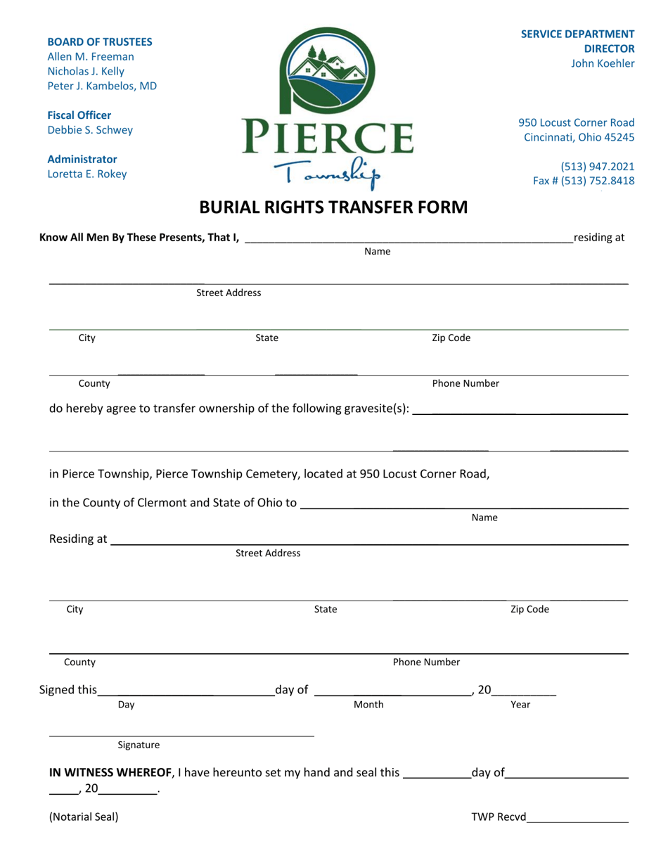 Pierce Township, Ohio Burial Rights Transfer Form Fill Out, Sign