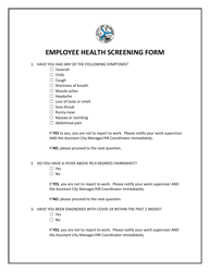 Document preview: Employee Health Screening Form - City of Albion, Michigan