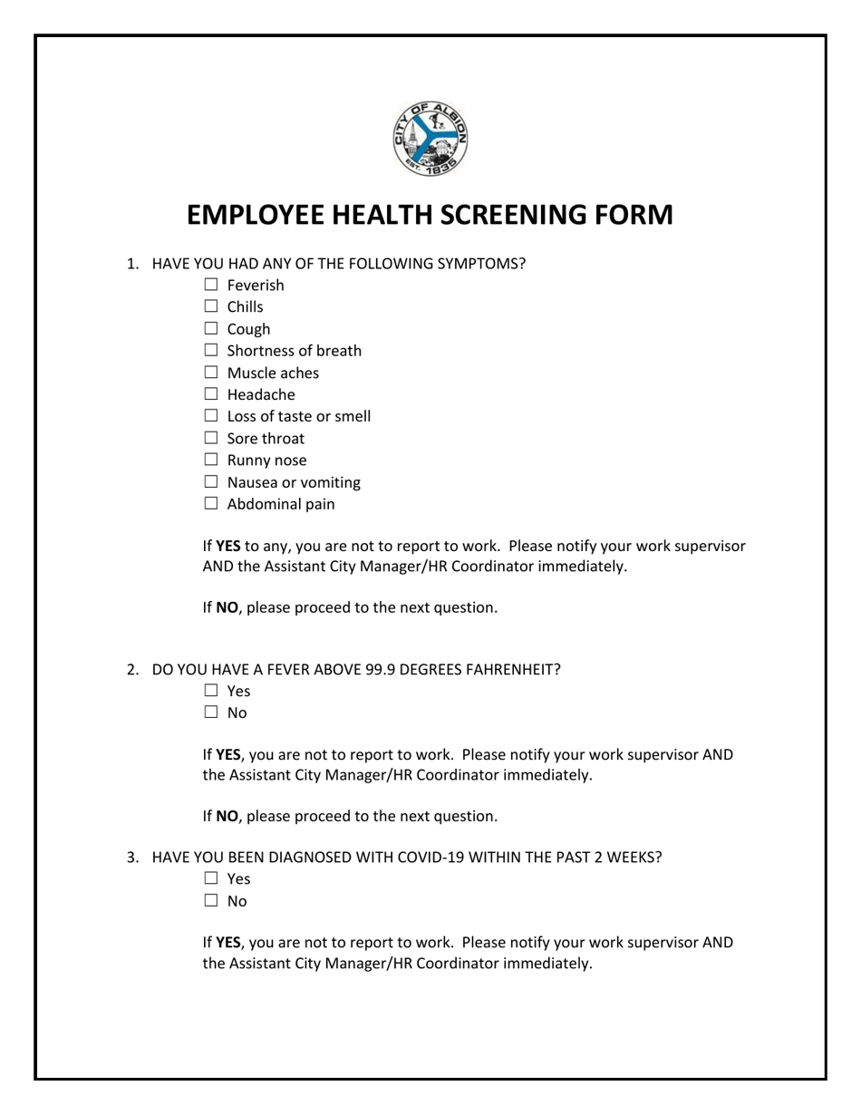 Employee Health Screening Form - City of Albion, Michigan, Page 1