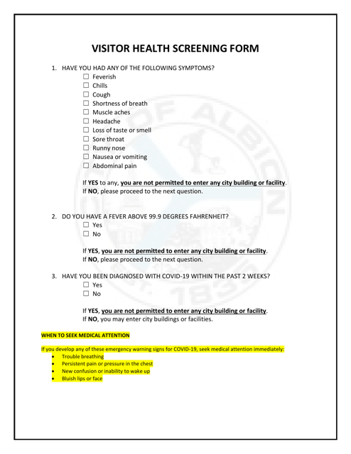 Visitor Health Screening Form - City of Albion, Michigan Download Pdf