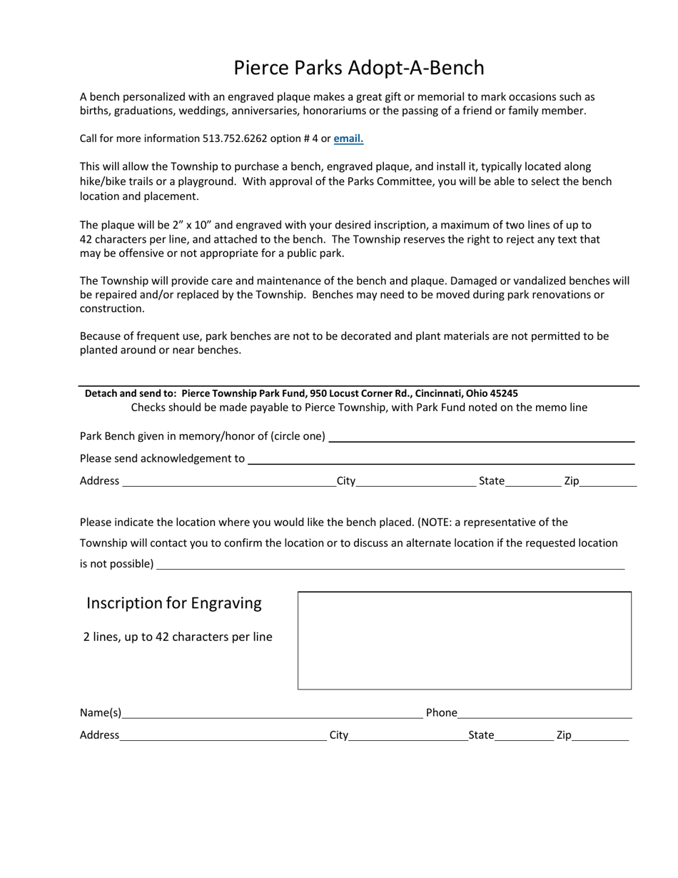 Pierce Parks Adopt-A-bench Donation Form - Pierce Township, Ohio, Page 1