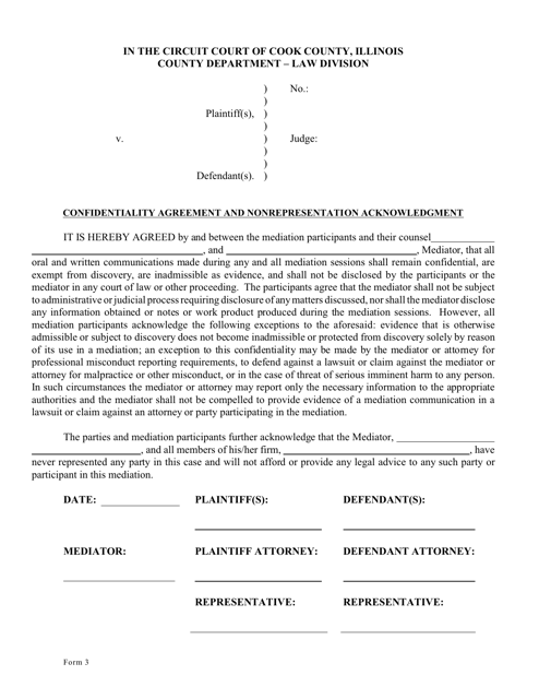 Form 3 Confidentiality Agreement and Nonrepresentation Acknowledgment - Cook County, Illinois