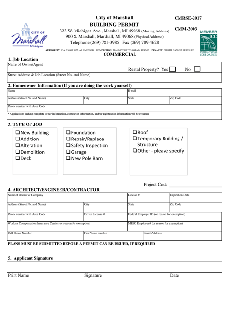 Commercial Building Permit - City of Marshall, Michigan Download Pdf