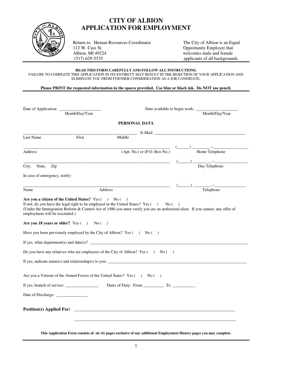 City of Albion, Michigan Application for Employment Fill Out, Sign