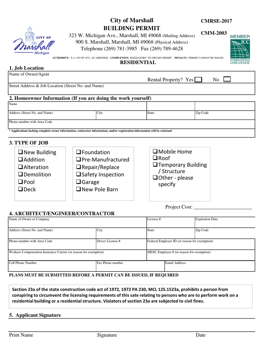 Residential Building Permit - City of Marshall, Michigan, Page 1