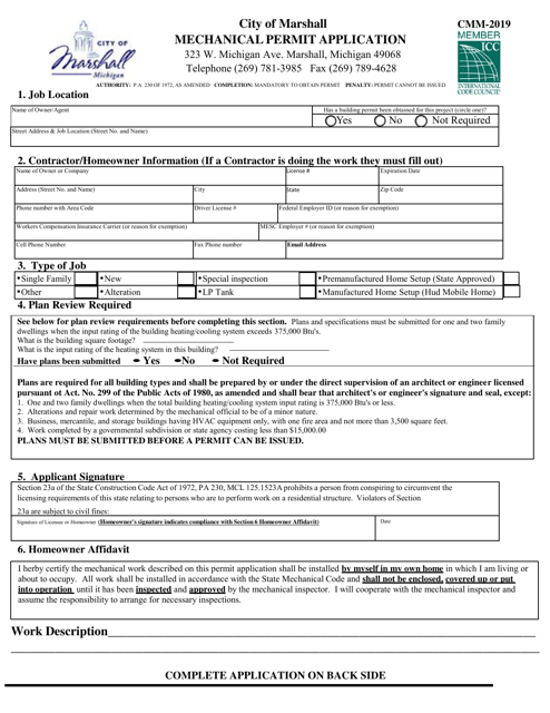 Mechanical Permit Application - City of Marshall, Michigan Download Pdf