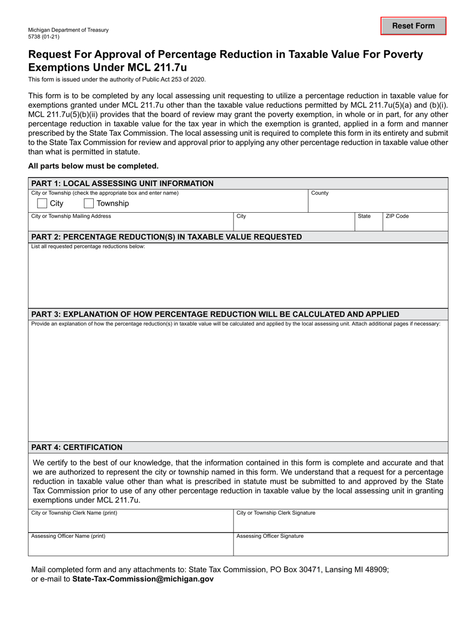Form 5738 Request for Approval of Percentage Reduction in Taxable Value for Poverty Exemptions Under Mcl 211.7u - Michigan, Page 1