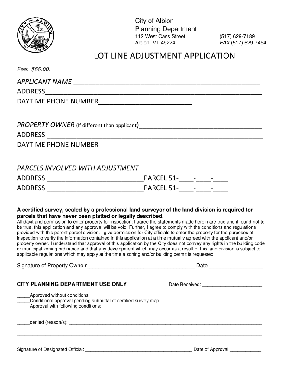 City of Albion, Michigan Lot Line Adjustment Application Download