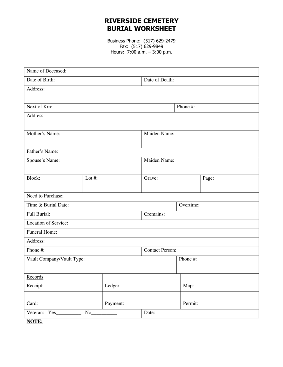 City of Albion, Michigan Riverside Cemetery Burial Worksheet Download ...