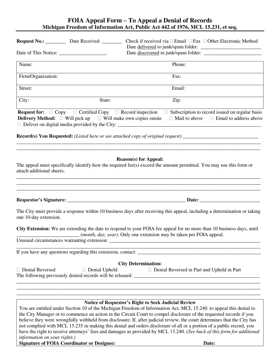 Foia Appeal Form - City of Albion, Michigan, Page 1