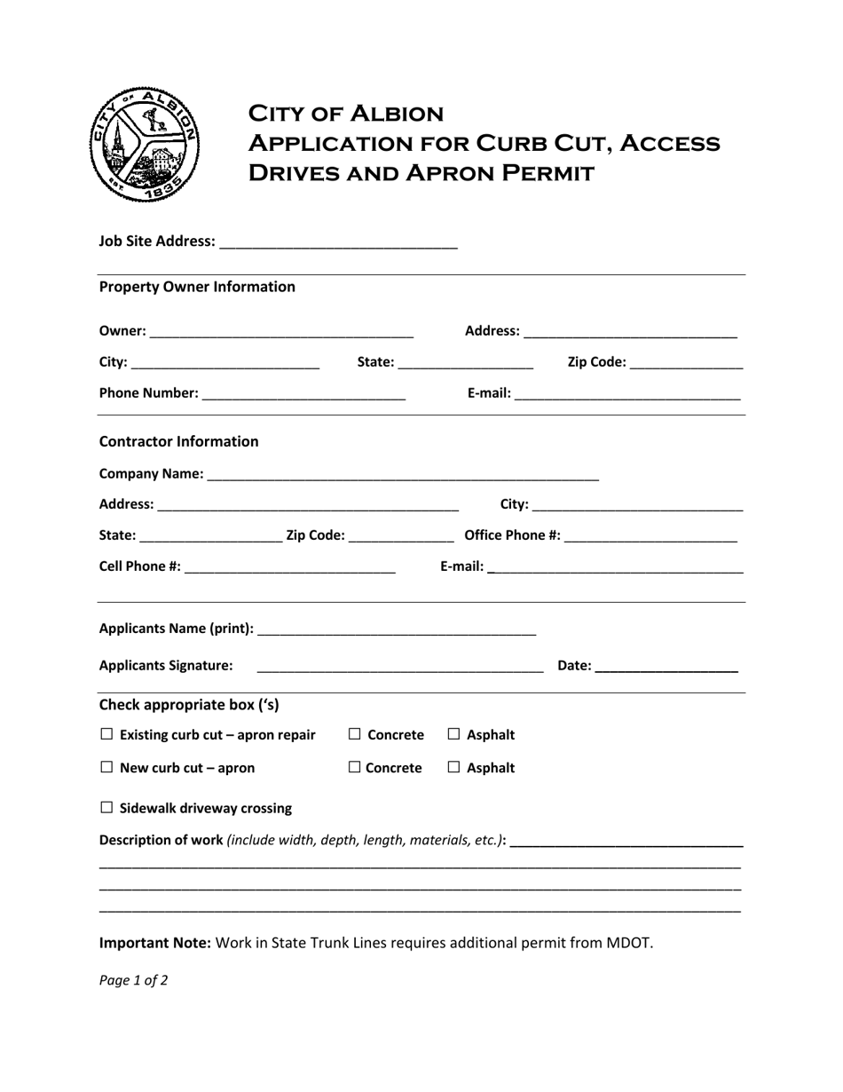 Application for Curb Cut, Access Drives and Apron Permit - City of Albion, Michigan, Page 1